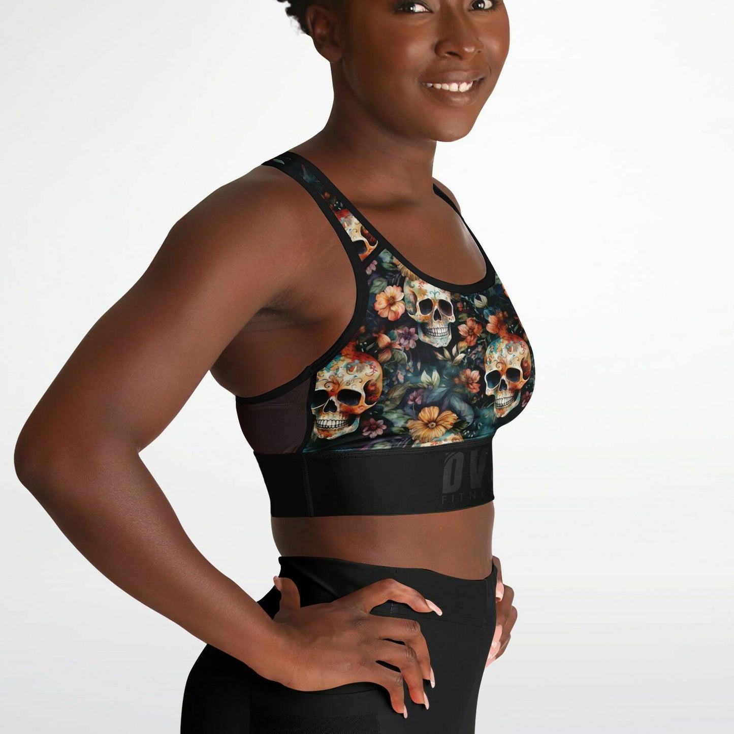 skull & flower Mesh Padded Sports Bra - Whimsigoth