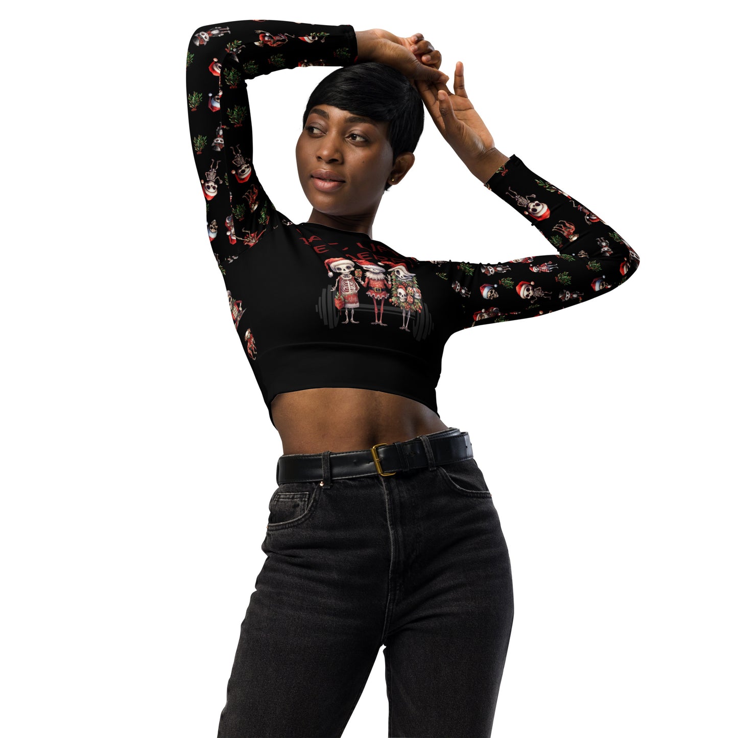 Eco Friendly long sleeve crop top - Skeleton Christmas "Eat Lift Be Merry"
