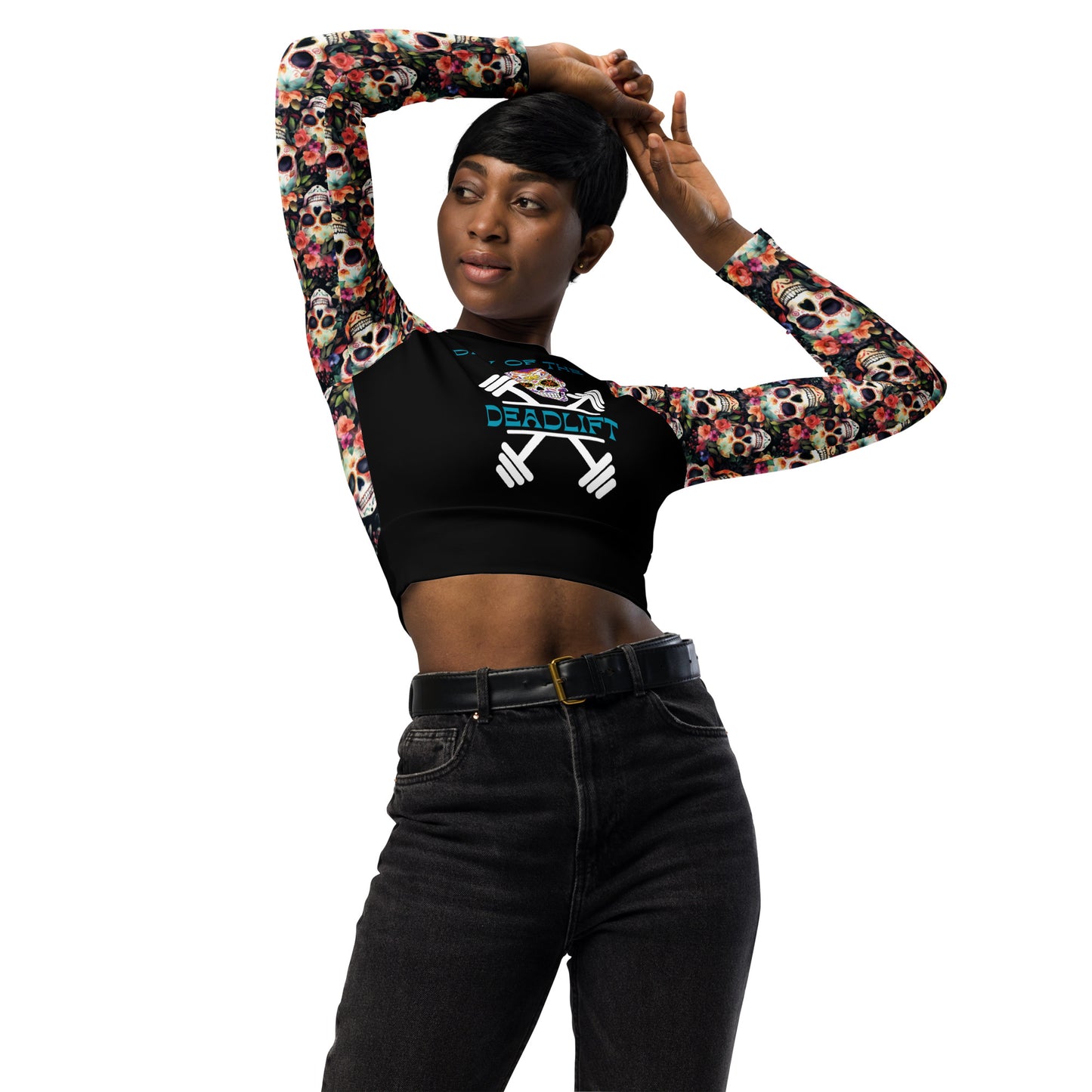 Eco Friendly long-sleeve crop top - Sugar Skulls "Day of the Deadlift"
