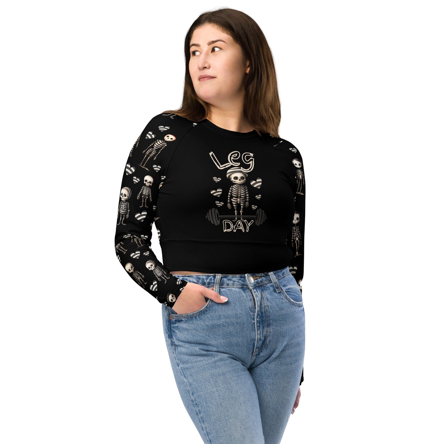 Eco friendly long-sleeve crop top - Jailhouse Skeleton "Leg Day"