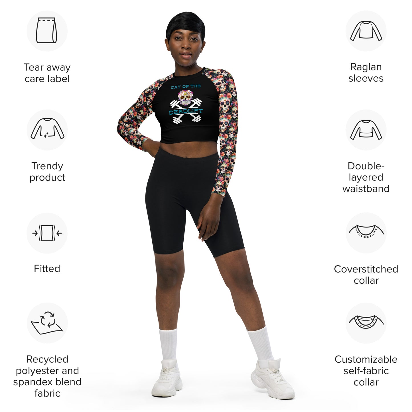 Eco Friendly long-sleeve crop top - Sugar Skulls "Day of the Deadlift"