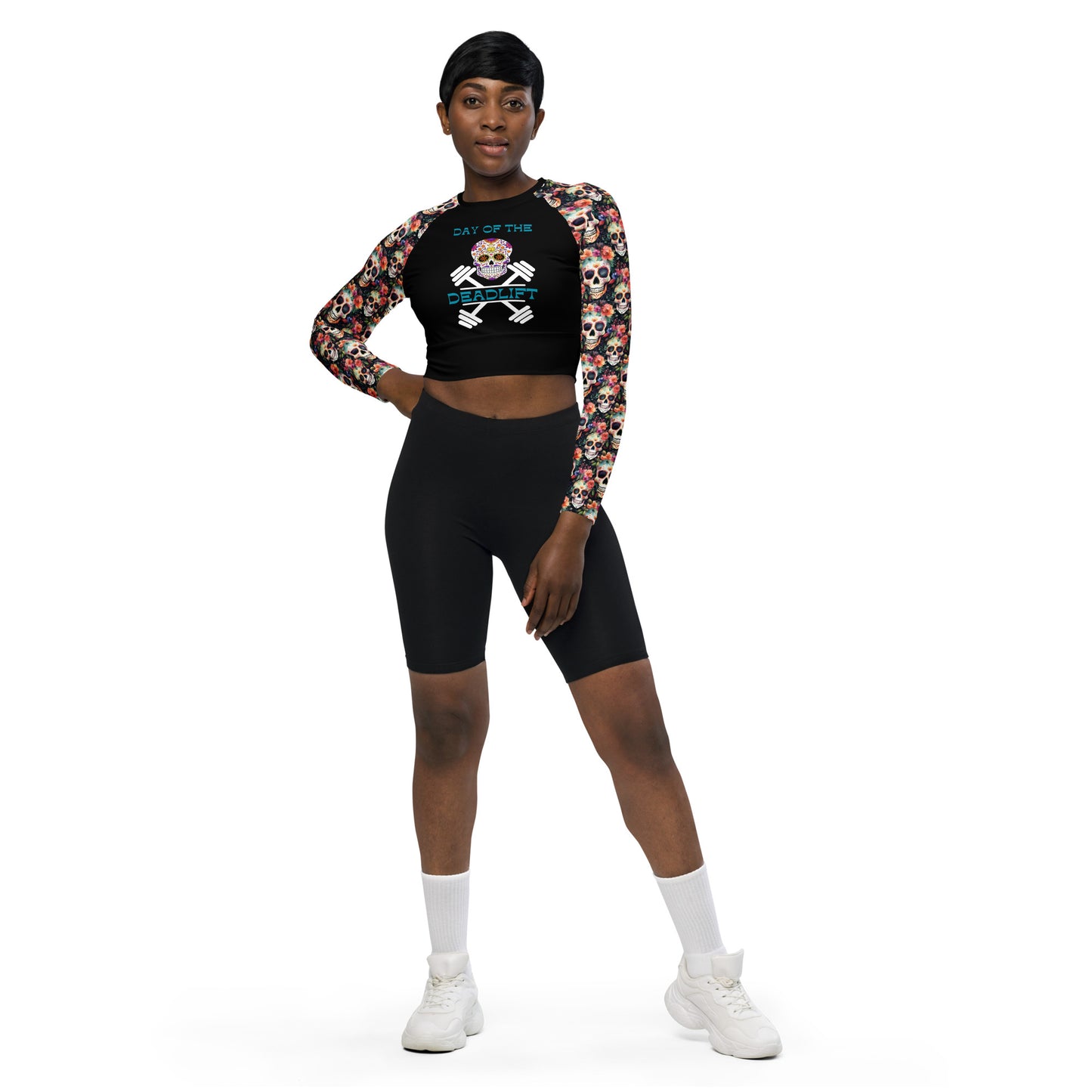 Eco Friendly long-sleeve crop top - Sugar Skulls "Day of the Deadlift"