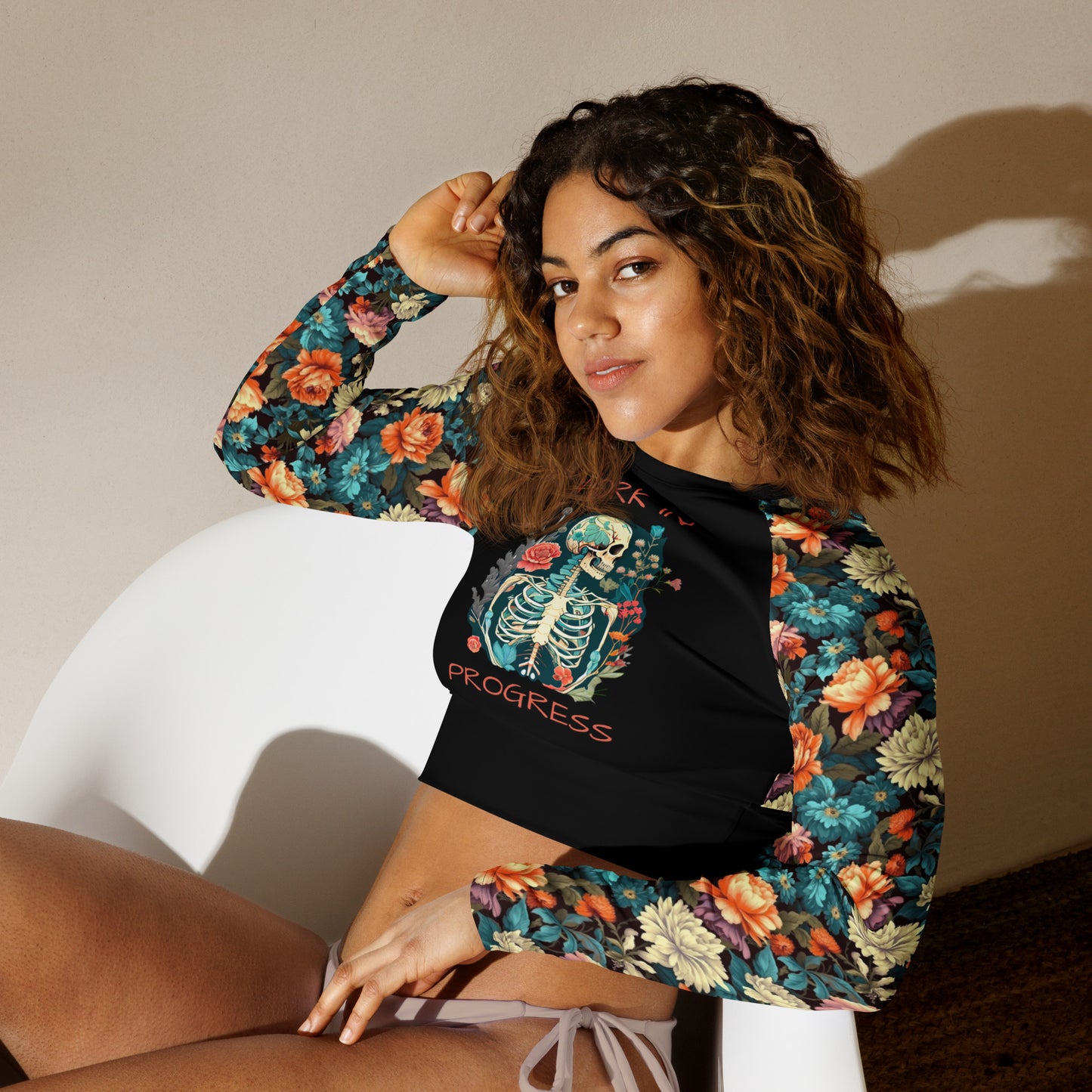 Eco Friendly long-sleeve crop top - Skeleton "Work in Progress"
