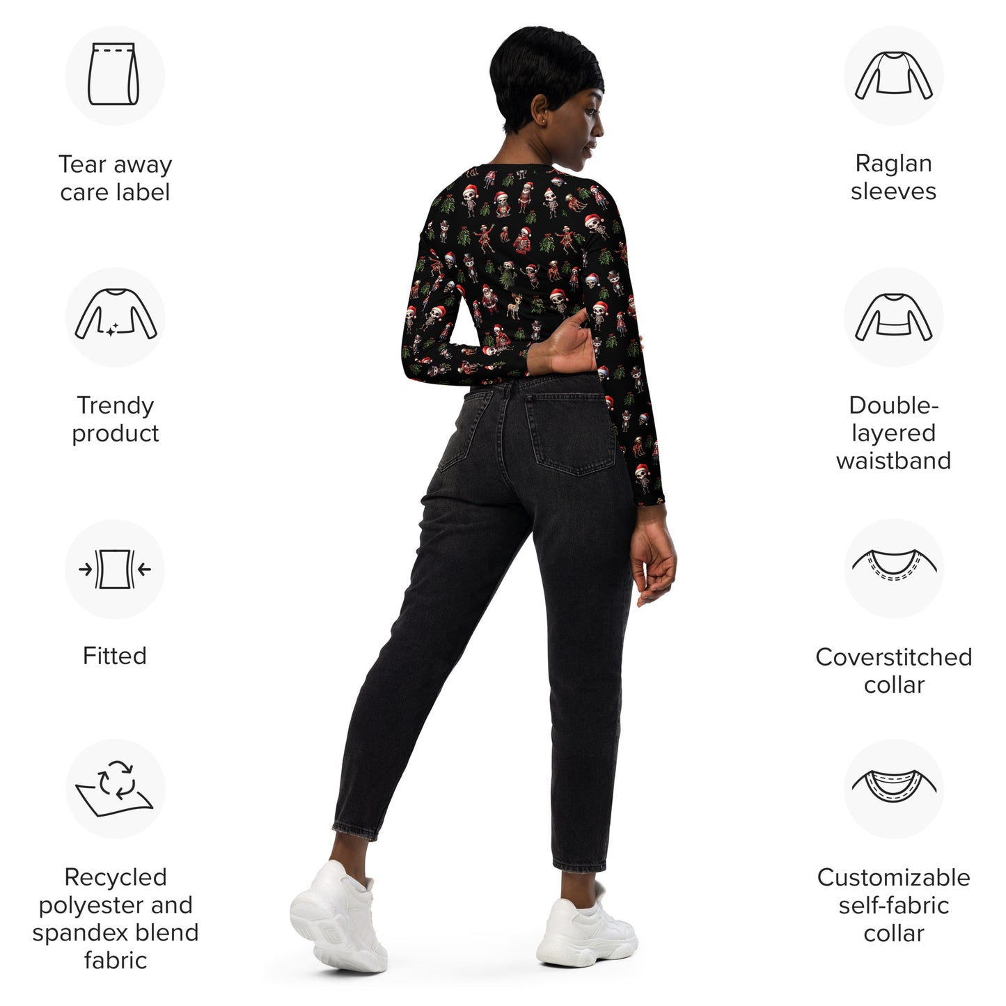 Eco Friendly long sleeve crop top - Skeleton Christmas "Eat Lift Be Merry"