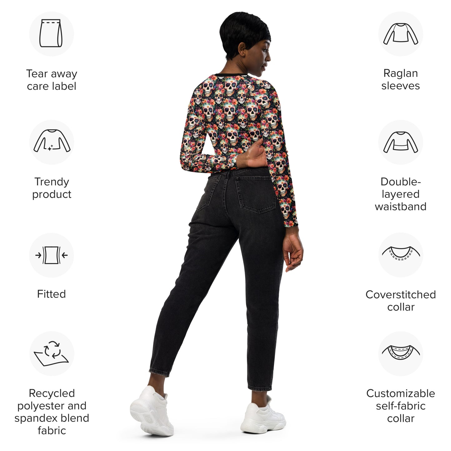 Eco Friendly long-sleeve crop top - Sugar Skulls "Day of the Deadlift"