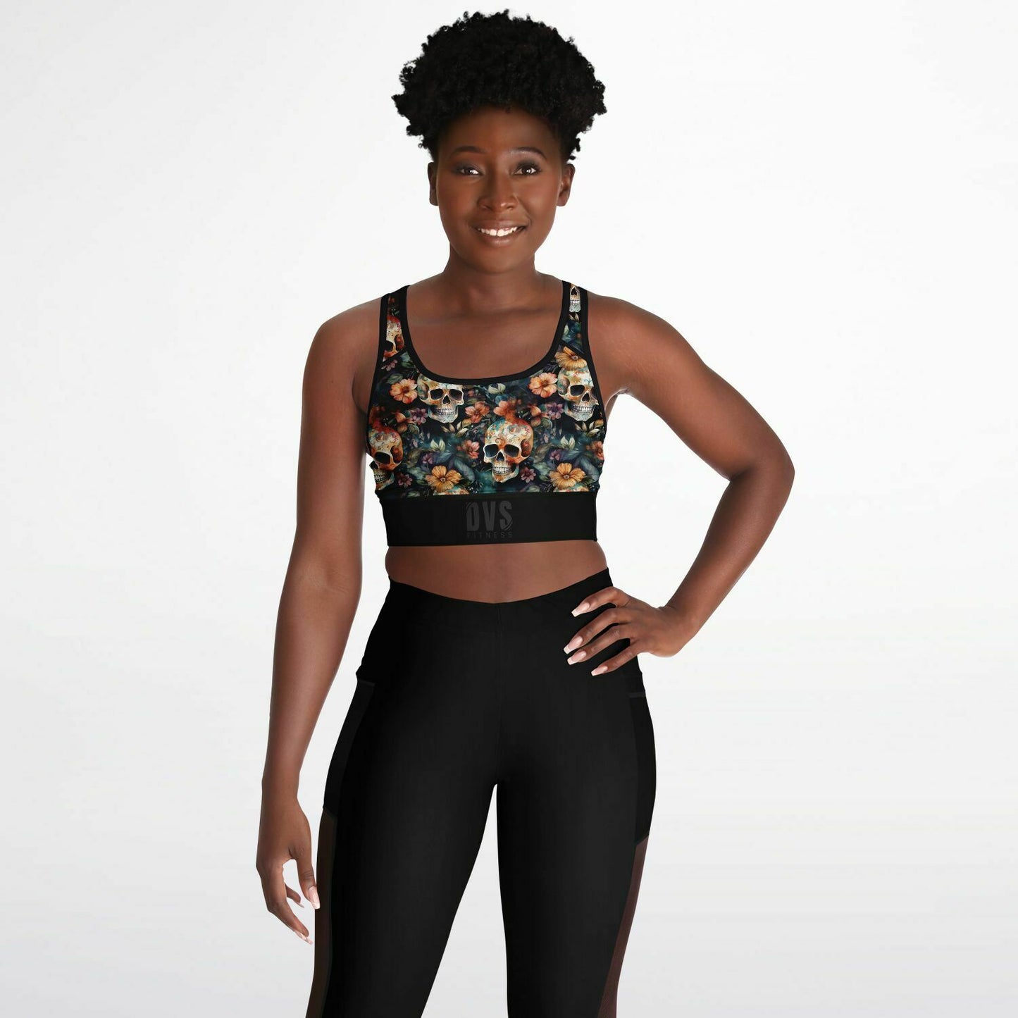 skull & flower Mesh Padded Sports Bra - Whimsigoth