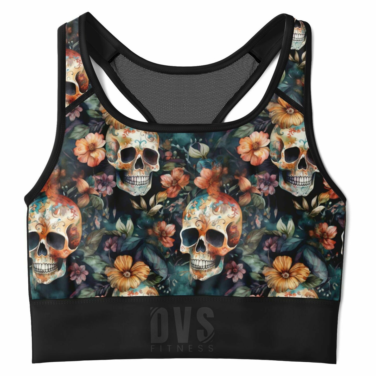 skull & flower Mesh Padded Sports Bra - Whimsigoth