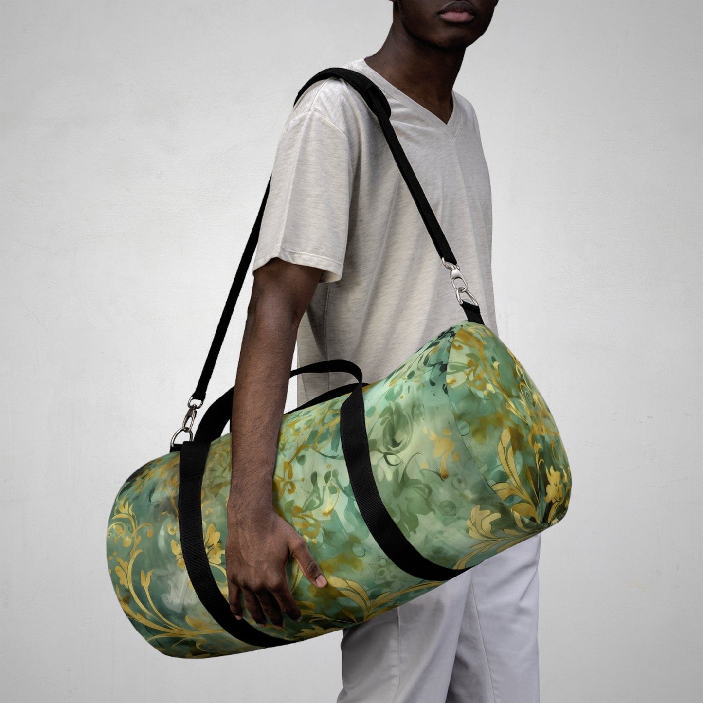 Sage and Gold Damask Gym Bag - yoga duffle bag