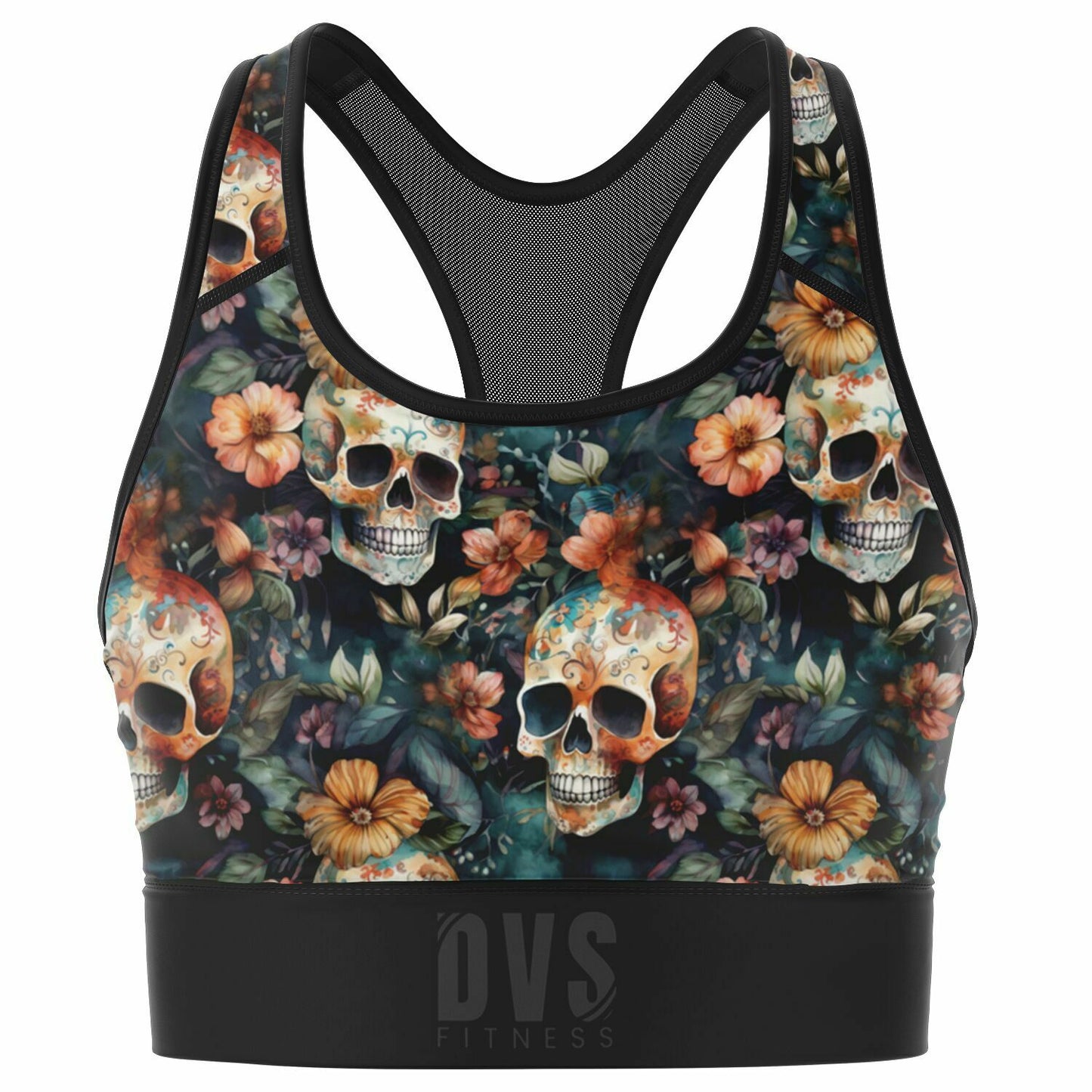 skull & flower Mesh Padded Sports Bra - Whimsigoth
