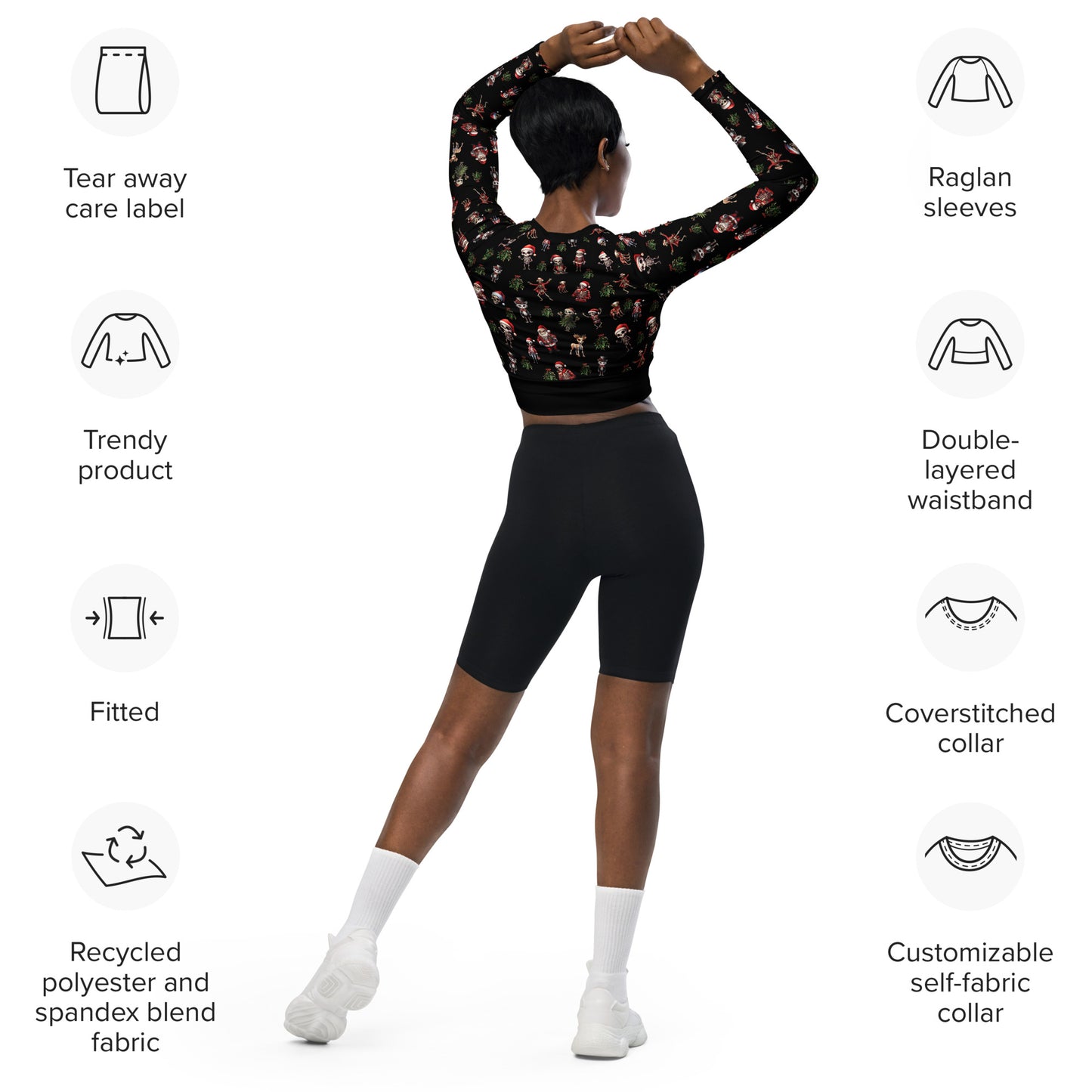Eco Friendly long sleeve crop top - Skeleton Christmas "Eat Lift Be Merry"
