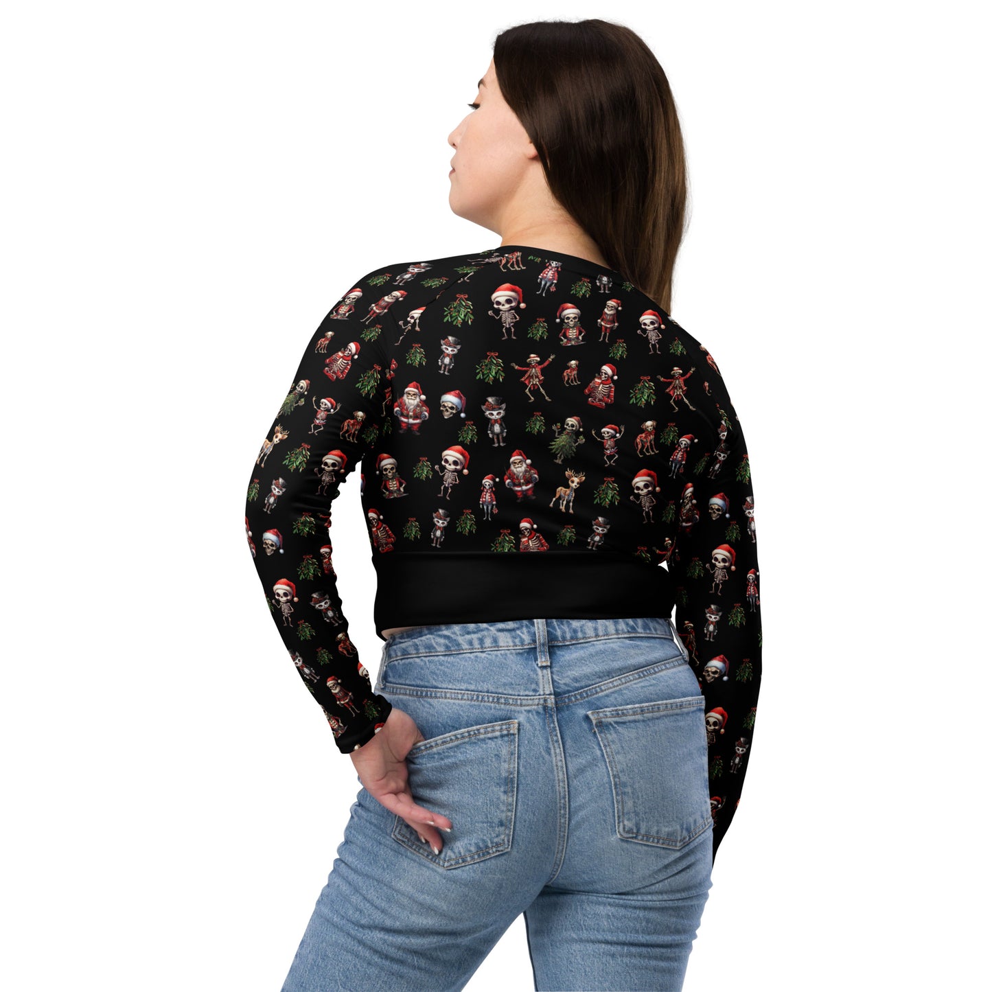 Eco Friendly long sleeve crop top - Skeleton Christmas "Eat Lift Be Merry"