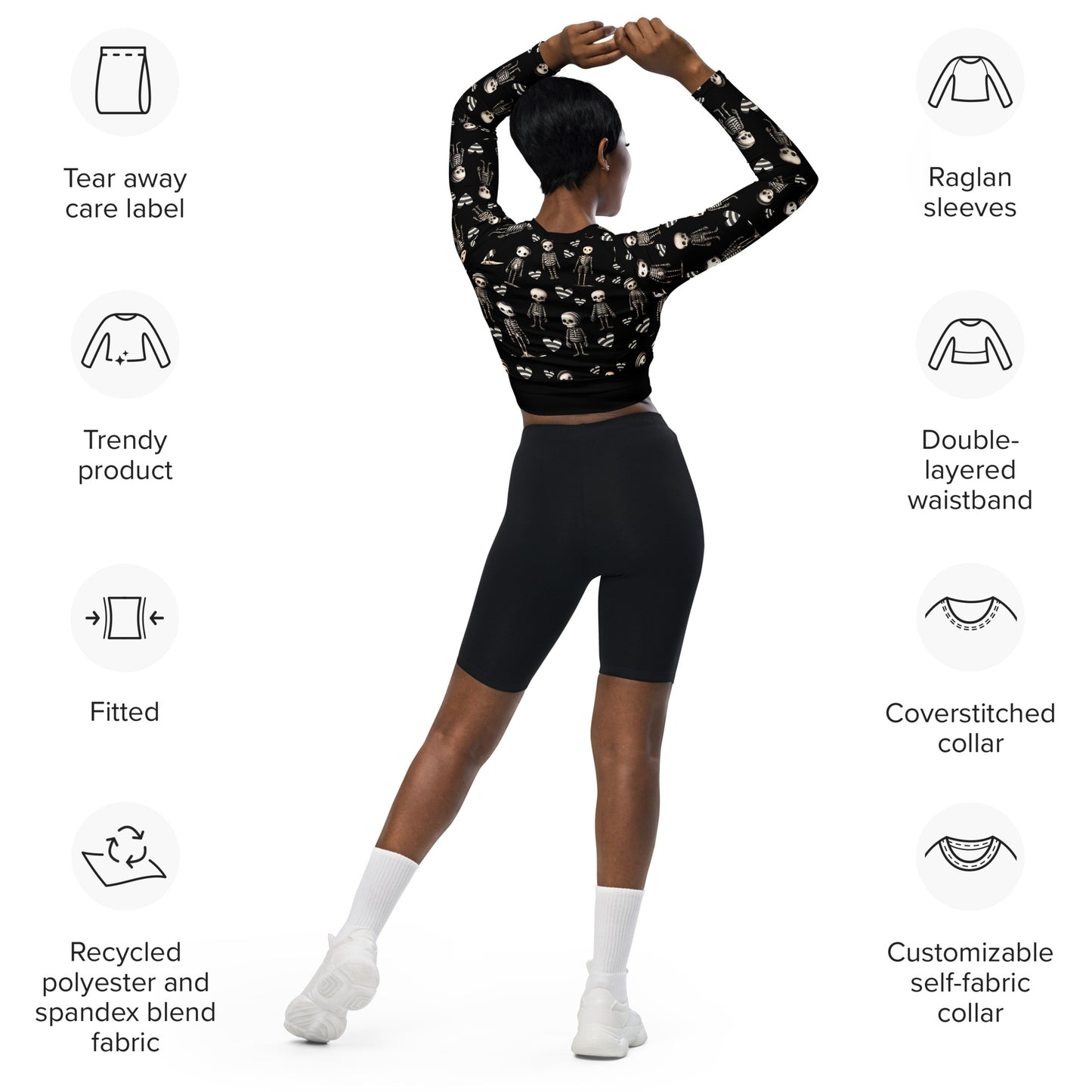 Eco friendly long-sleeve crop top - Jailhouse Skeleton "Leg Day"