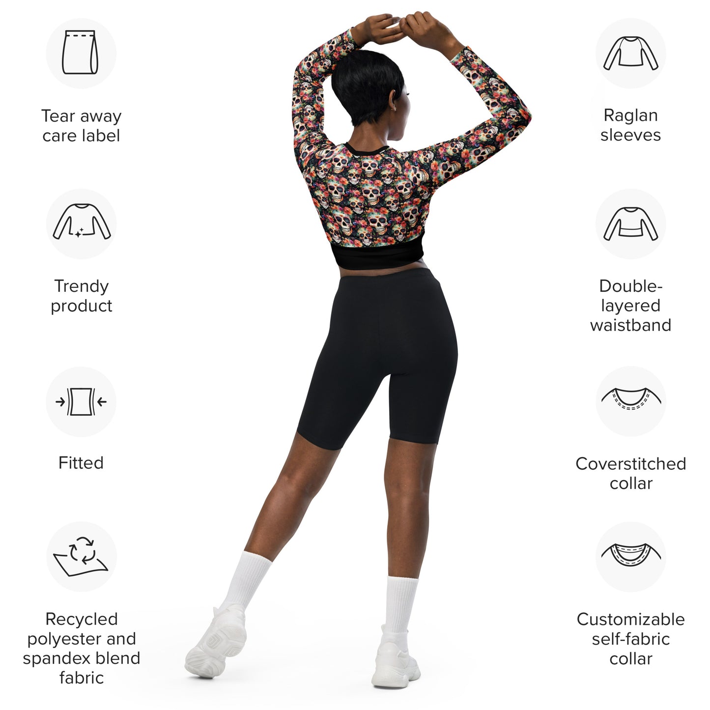 Eco Friendly long-sleeve crop top - Sugar Skulls "Day of the Deadlift"