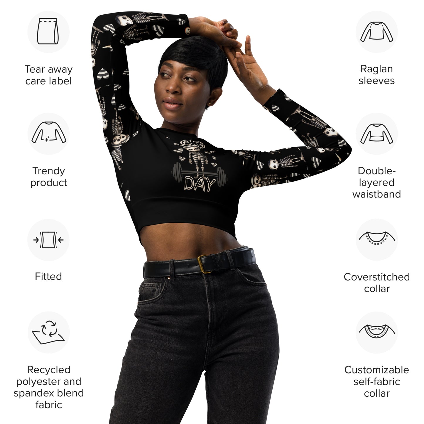 Eco friendly long-sleeve crop top - Jailhouse Skeleton "Leg Day"