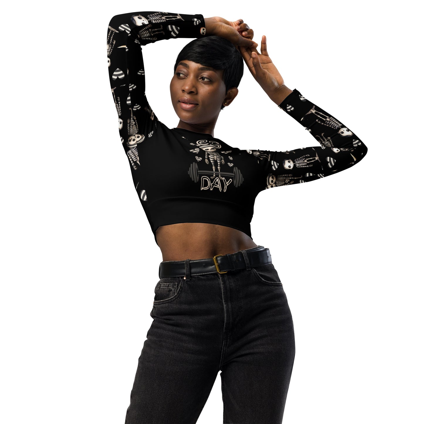 Eco friendly long-sleeve crop top - Jailhouse Skeleton "Leg Day"