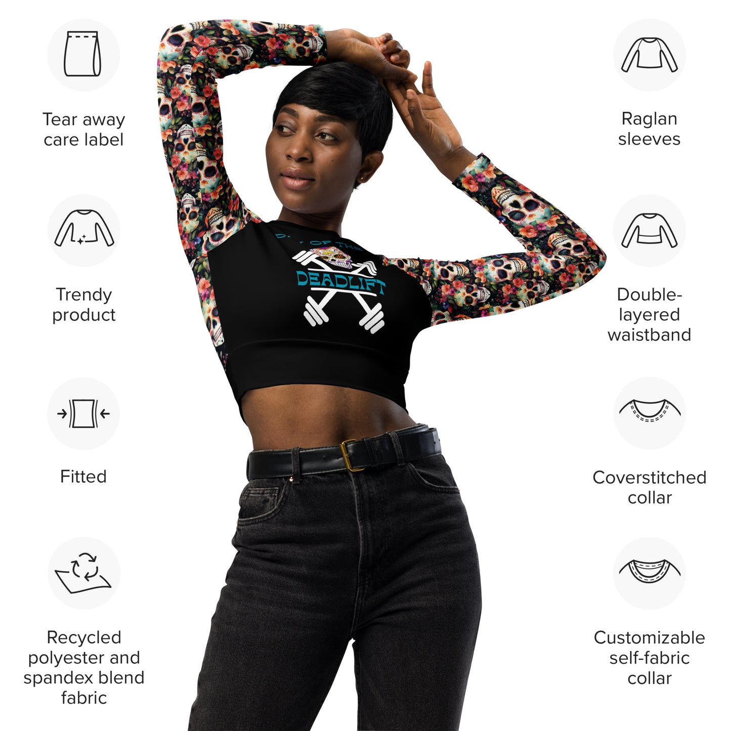 Eco Friendly long-sleeve crop top - Sugar Skulls "Day of the Deadlift"