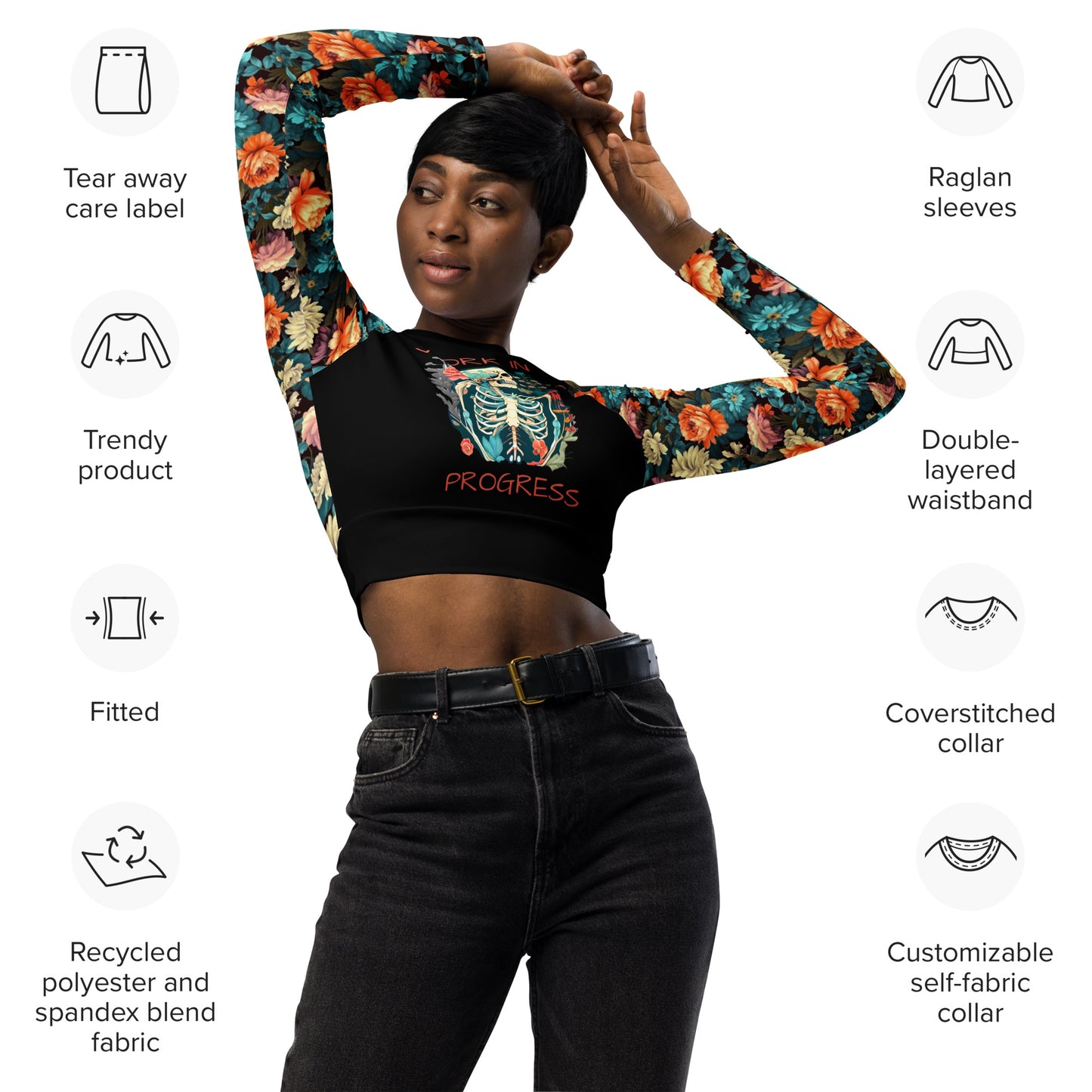 Eco Friendly long-sleeve crop top - Skeleton "Work in Progress"