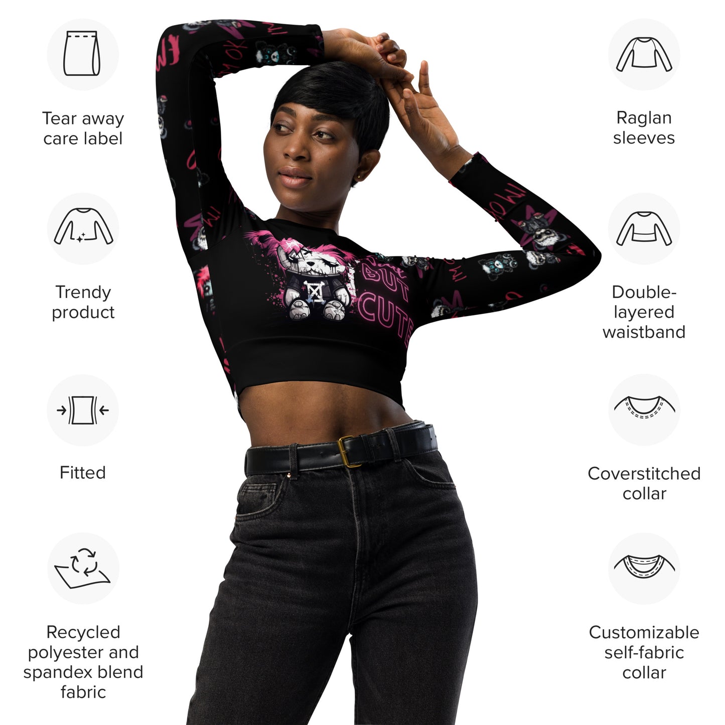 Eco Friendly Long sleeved Crop top - Emo Teddies 'Sad But Cute'