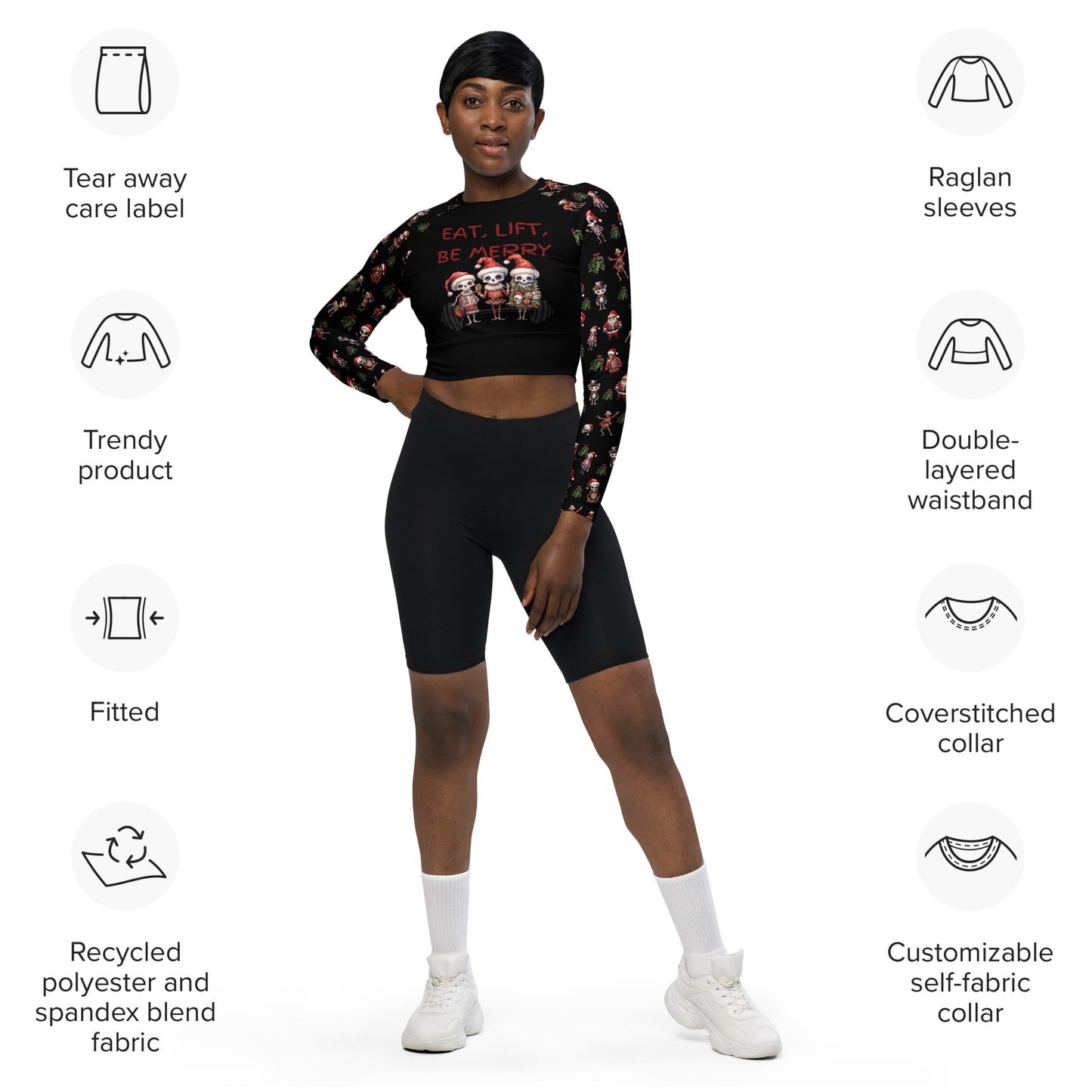 Eco Friendly long sleeve crop top - Skeleton Christmas "Eat Lift Be Merry"