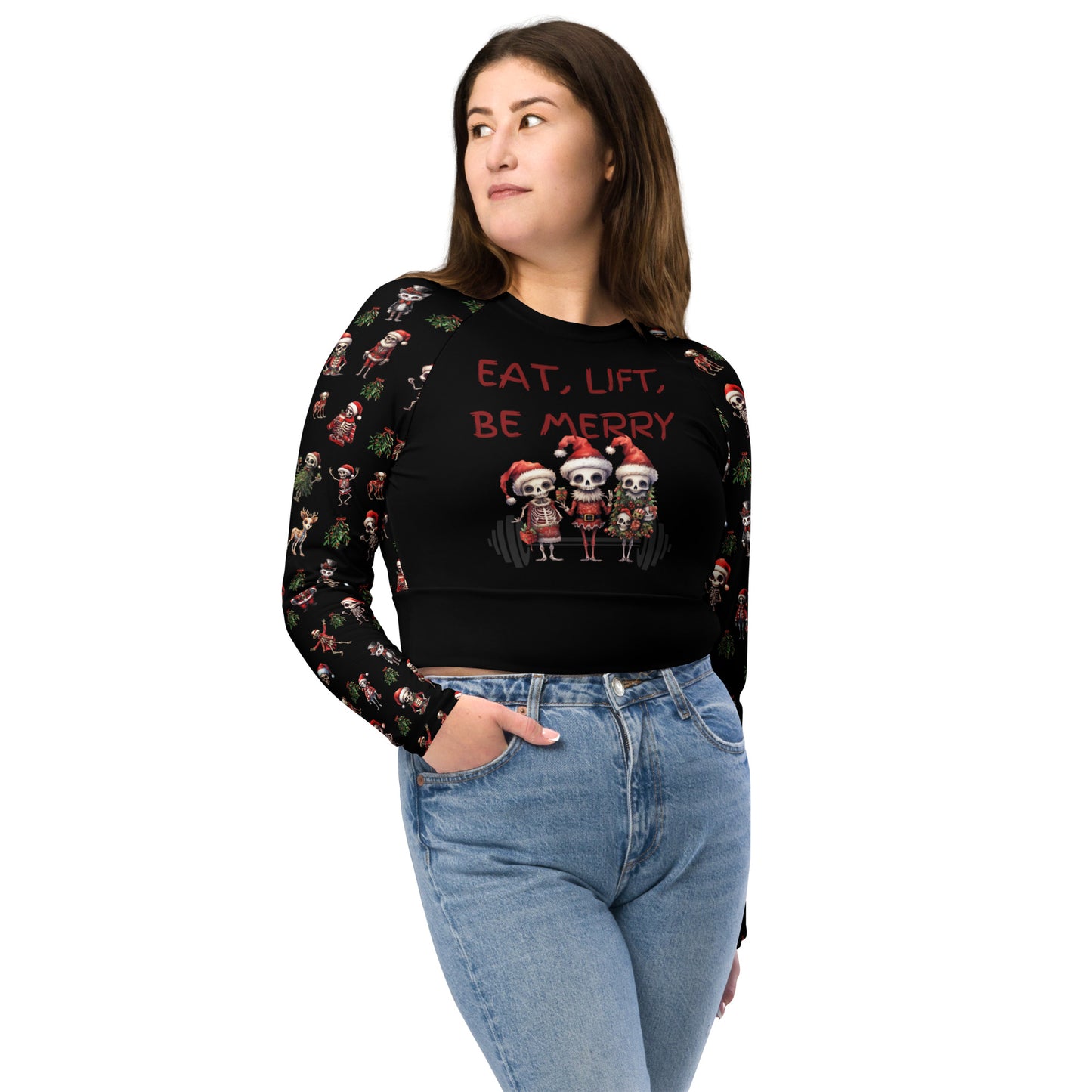 Eco Friendly long sleeve crop top - Skeleton Christmas "Eat Lift Be Merry"