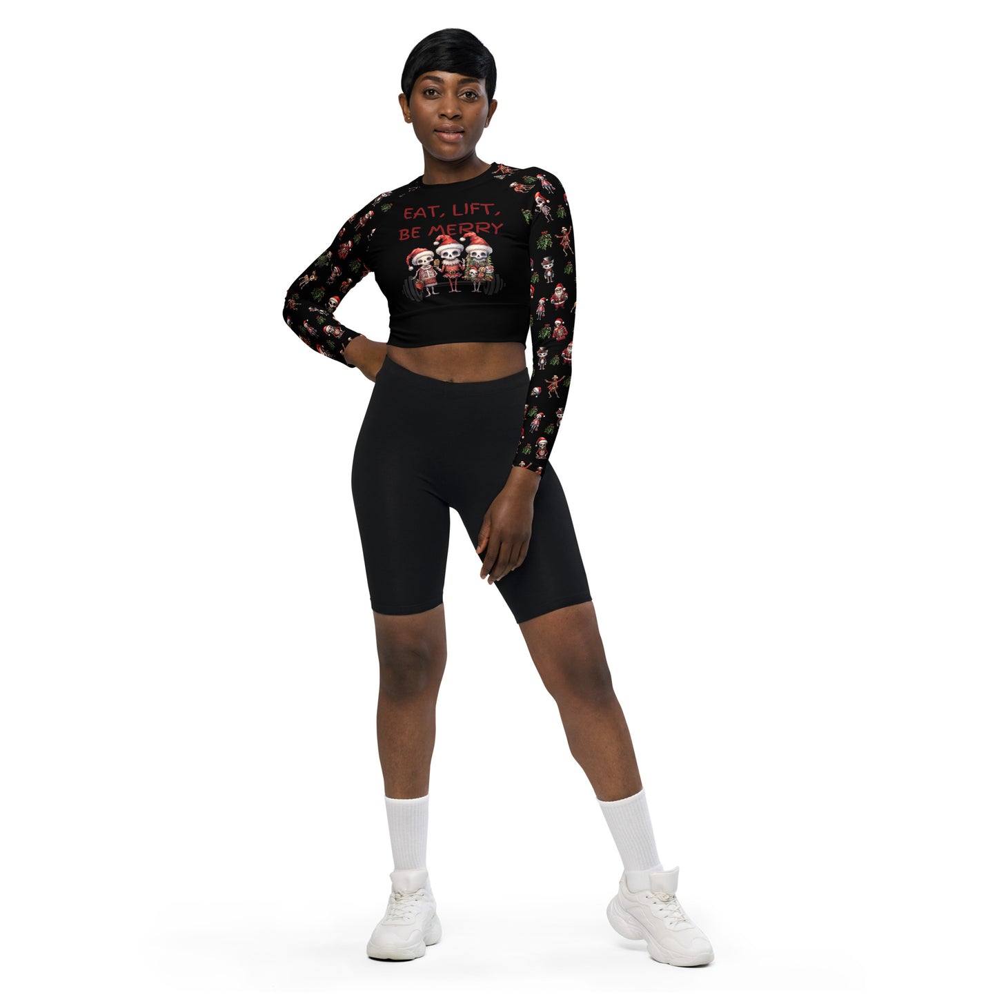 Eco Friendly long sleeve crop top - Skeleton Christmas "Eat Lift Be Merry"