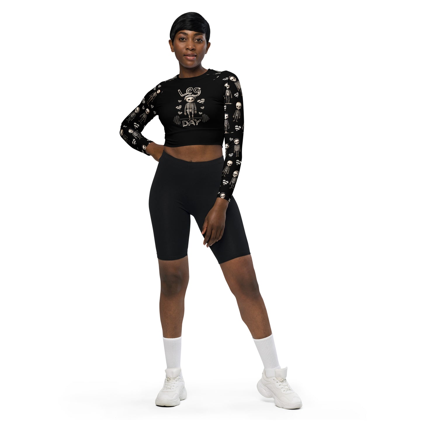 Eco friendly long-sleeve crop top - Jailhouse Skeleton "Leg Day"