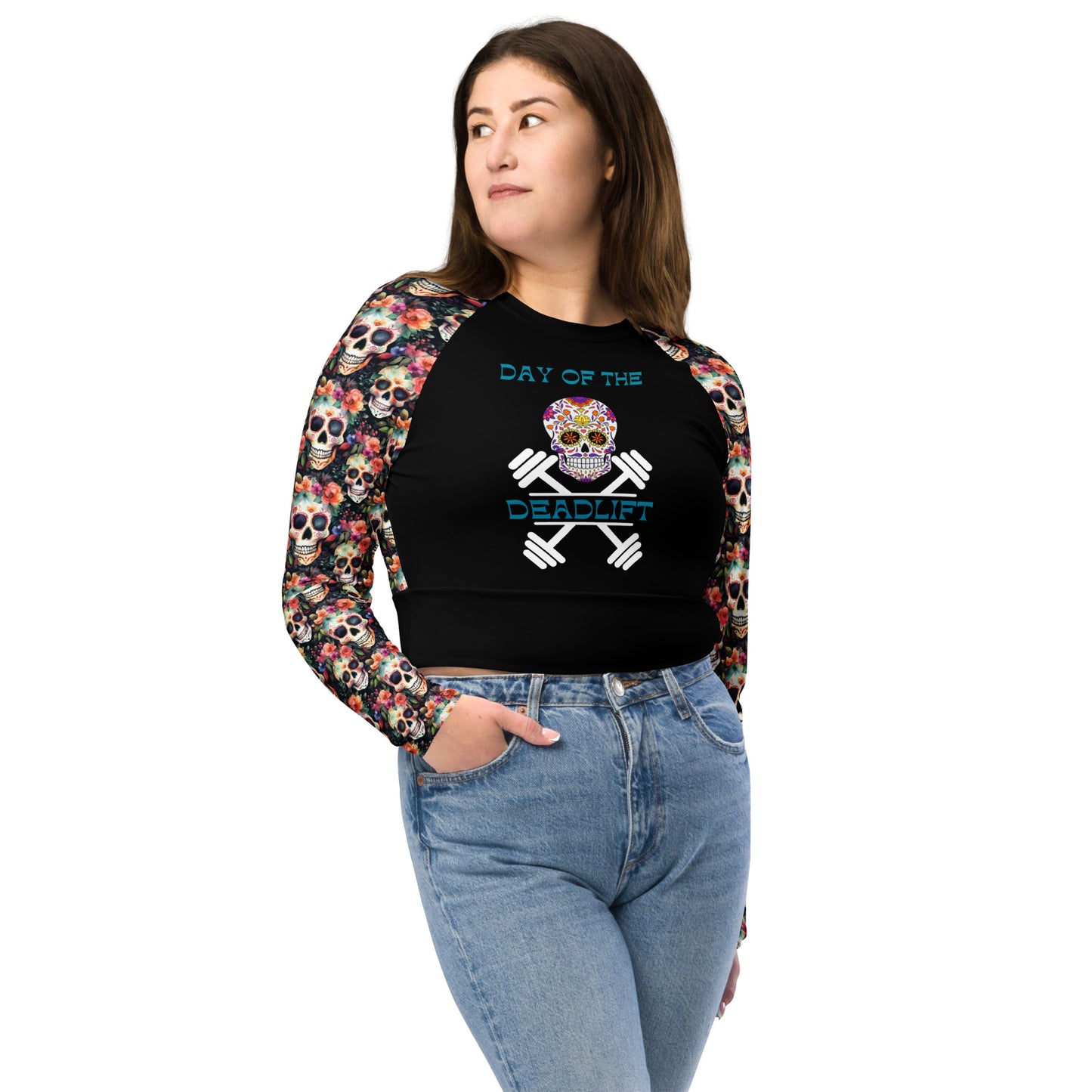 Eco Friendly long-sleeve crop top - Sugar Skulls "Day of the Deadlift"