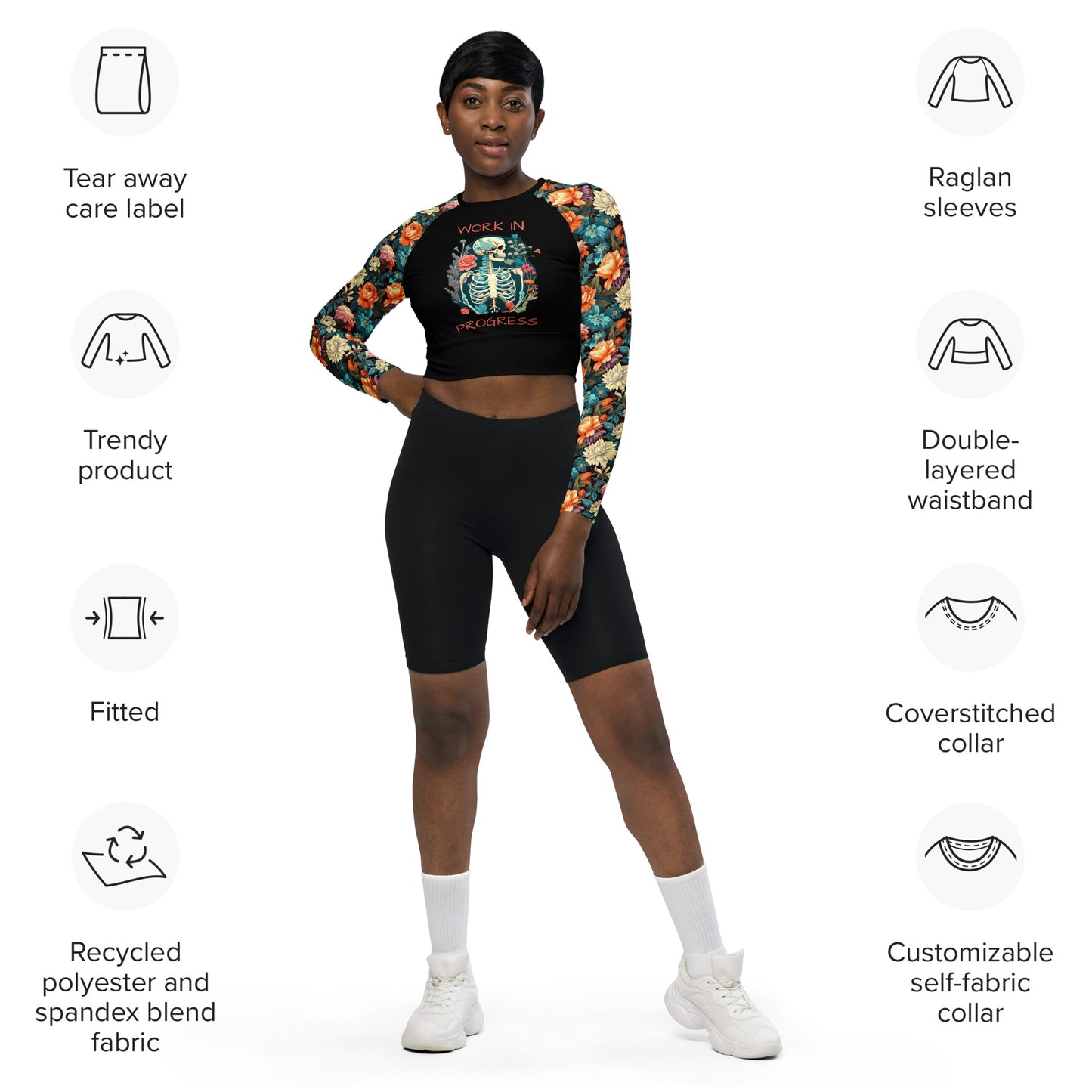 Eco Friendly long-sleeve crop top - Skeleton "Work in Progress"