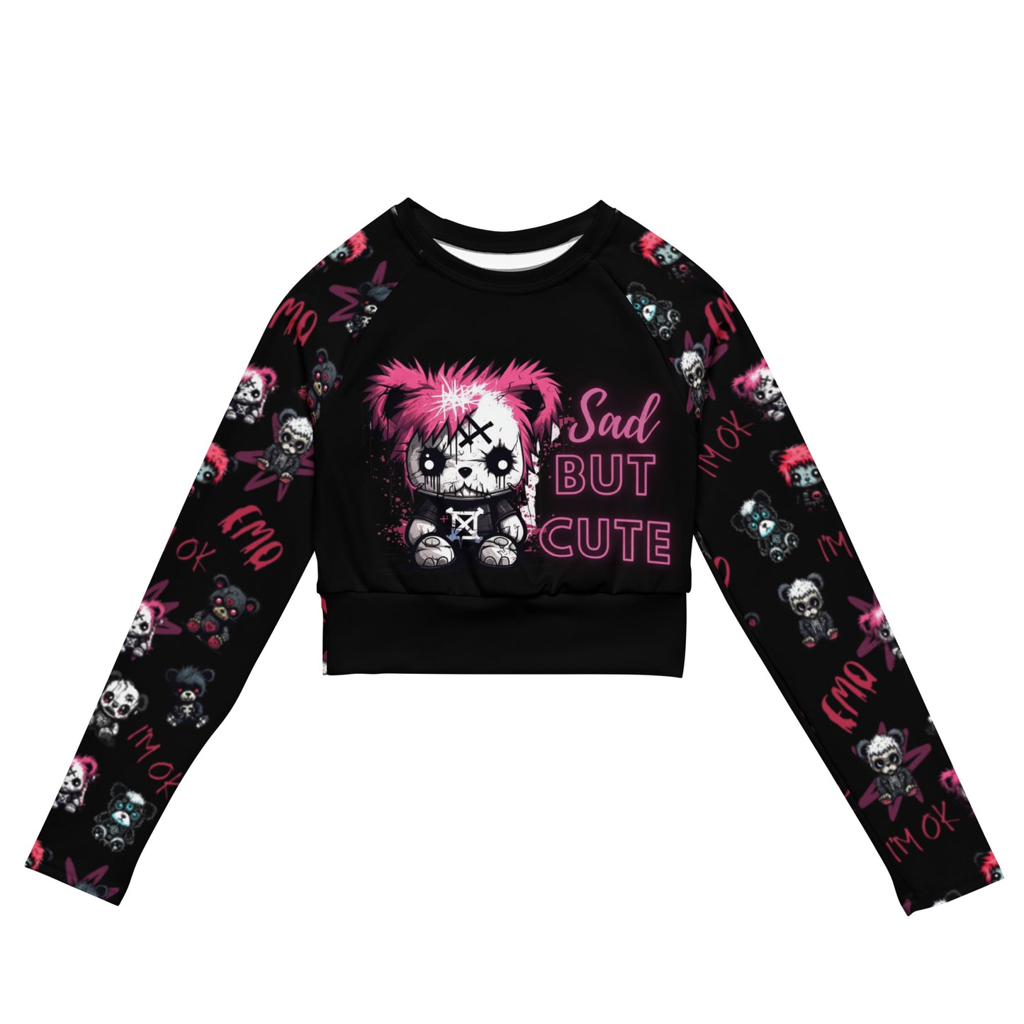 Eco Friendly Long sleeved Crop top - Emo Teddies 'Sad But Cute'