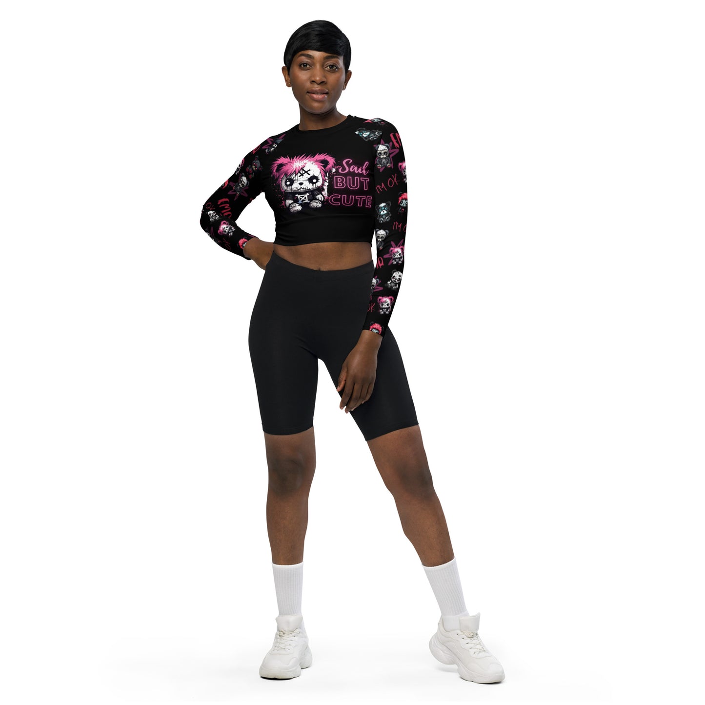 Eco Friendly Long sleeved Crop top - Emo Teddies 'Sad But Cute'