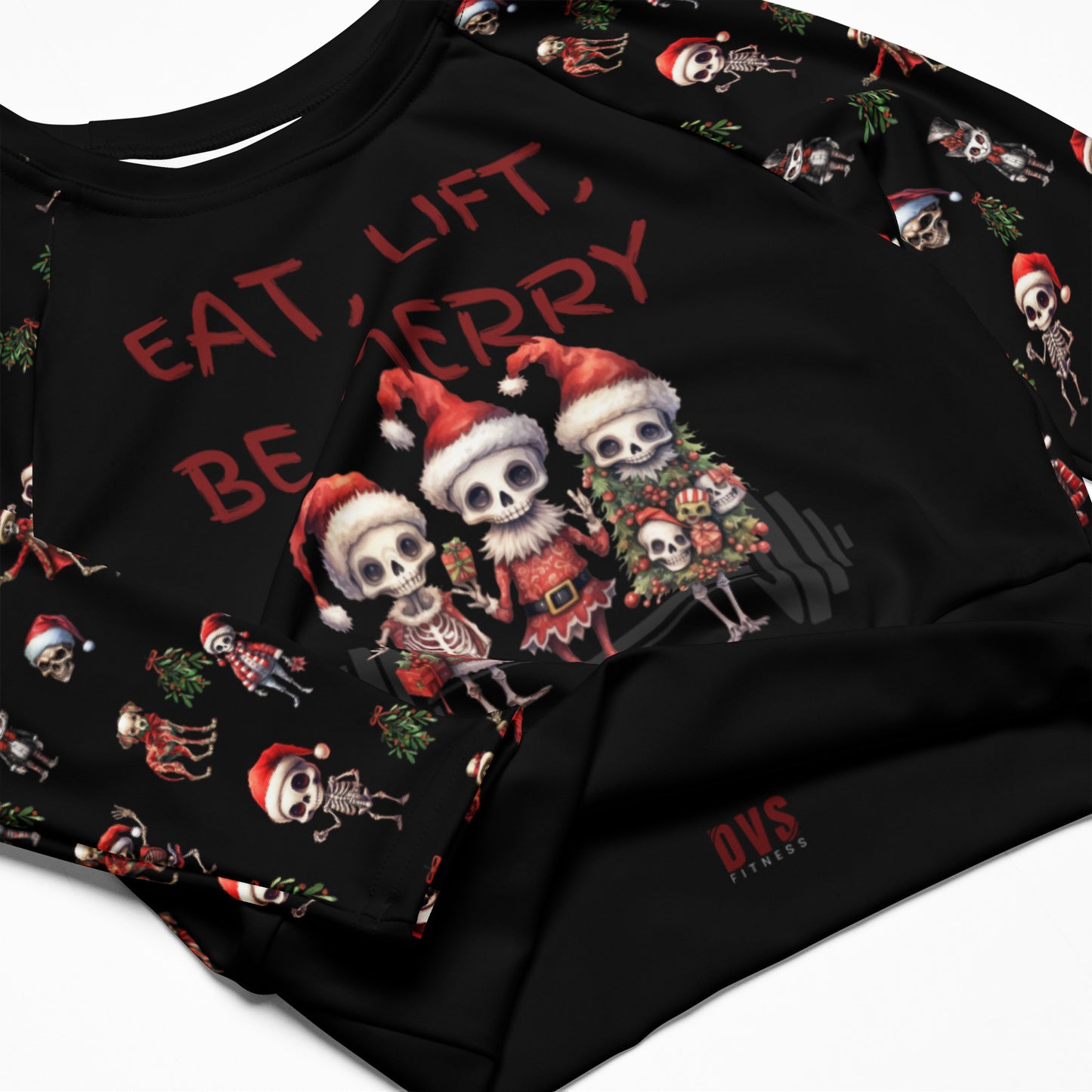 Eco Friendly long sleeve crop top - Skeleton Christmas "Eat Lift Be Merry"