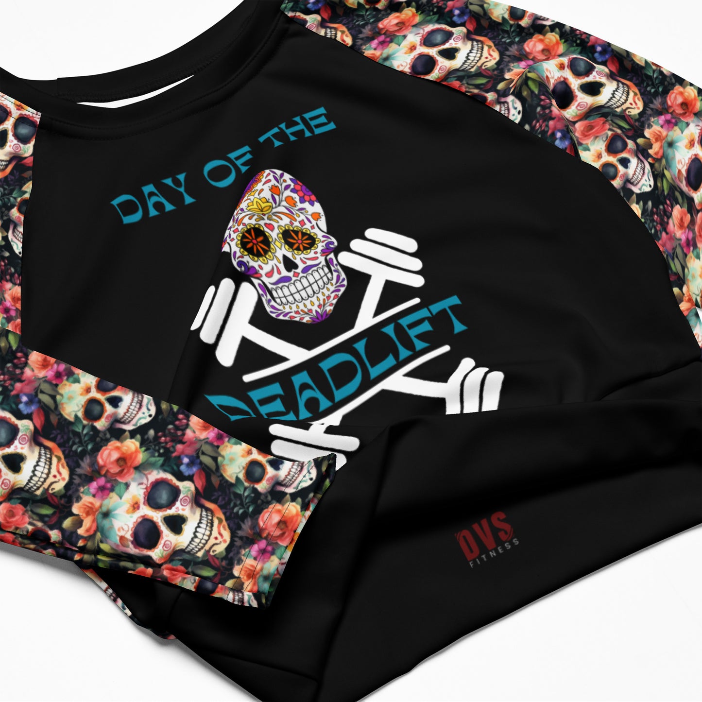 Eco Friendly long-sleeve crop top - Sugar Skulls "Day of the Deadlift"