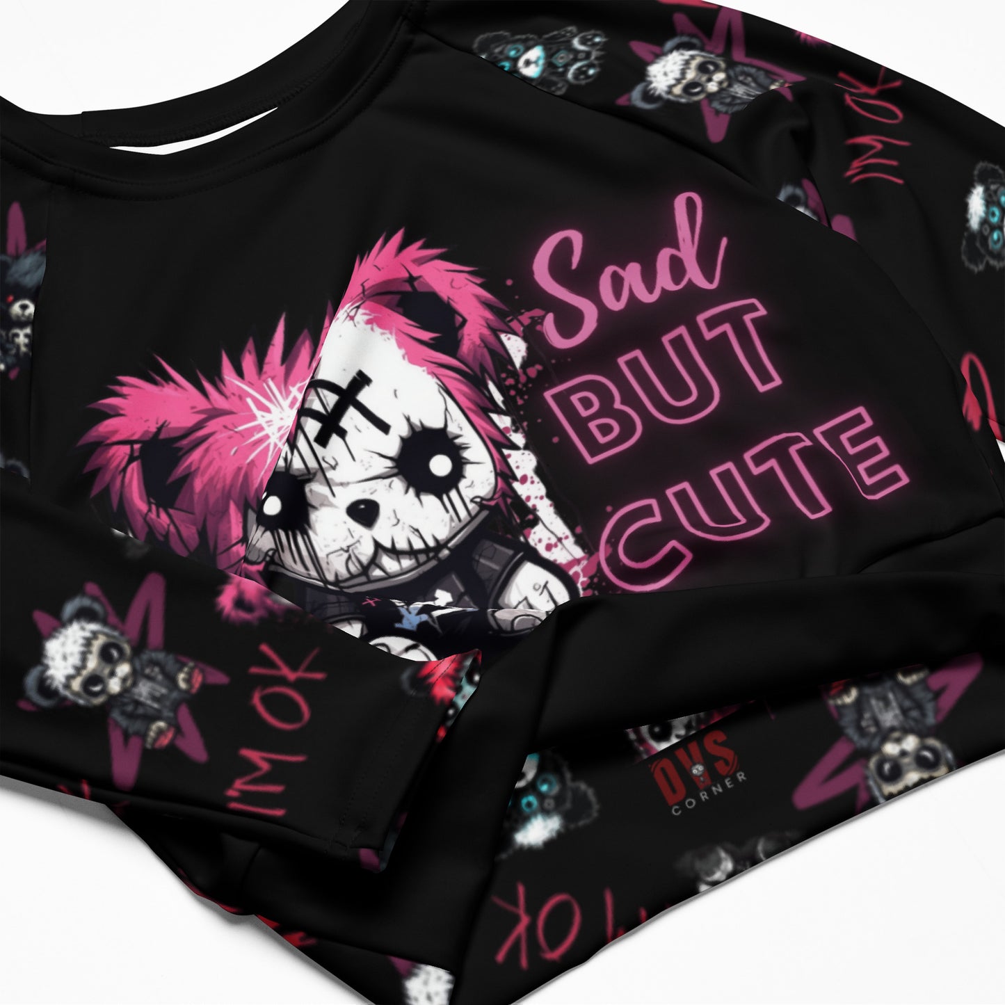 Eco Friendly Long sleeved Crop top - Emo Teddies 'Sad But Cute'