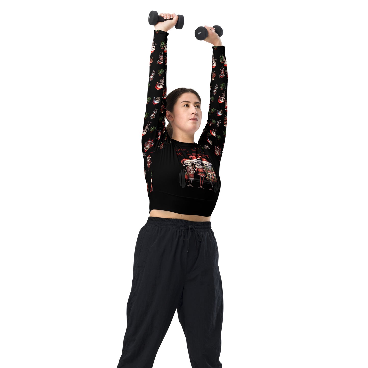 Eco Friendly long sleeve crop top - Skeleton Christmas "Eat Lift Be Merry"
