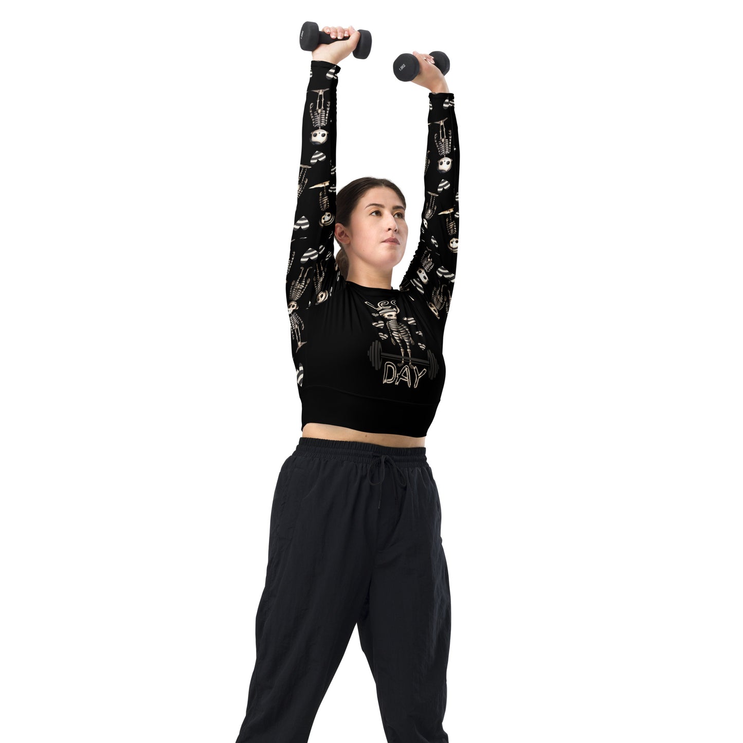 Eco friendly long-sleeve crop top - Jailhouse Skeleton "Leg Day"