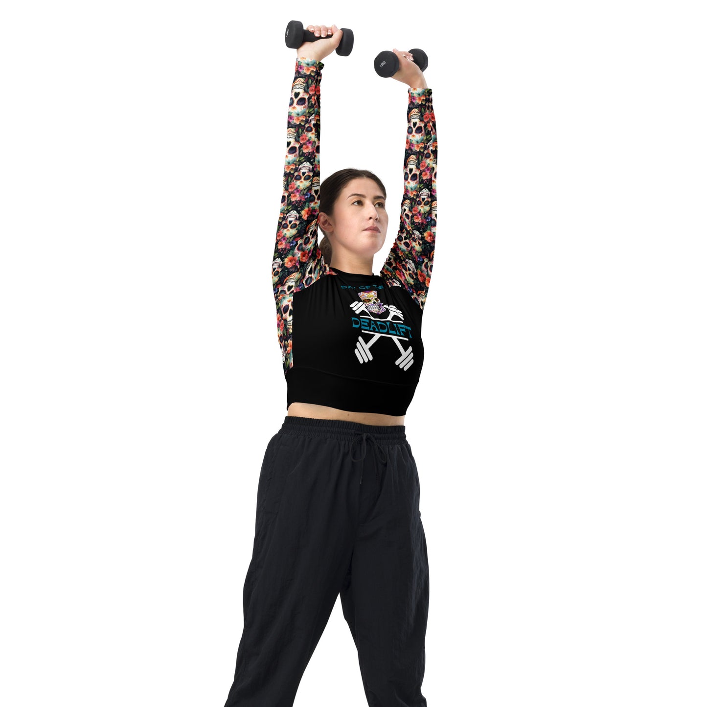 Eco Friendly long-sleeve crop top - Sugar Skulls "Day of the Deadlift"