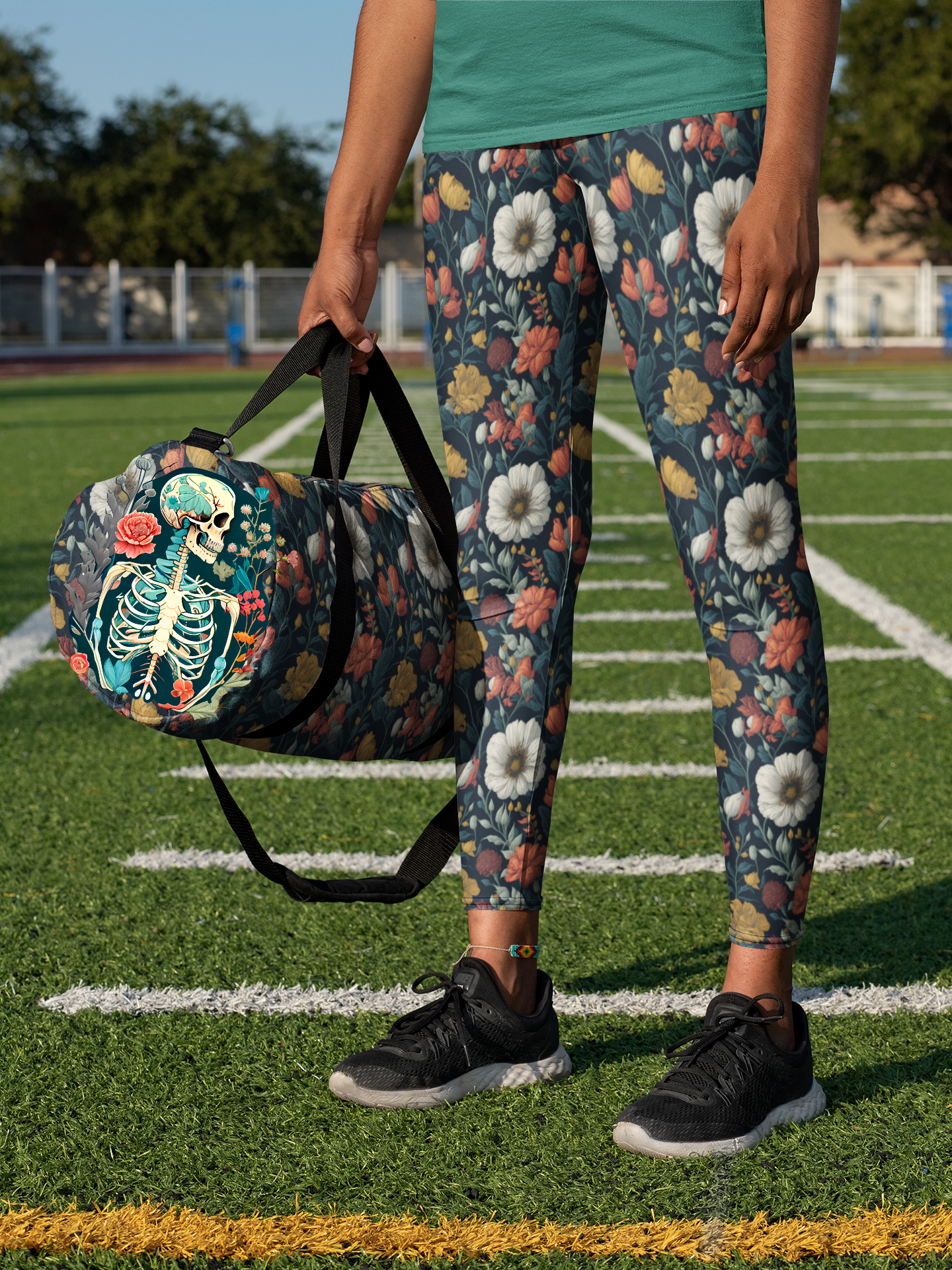 Whimsigoth Skull and Flowers Gym Bag - Duffle bag